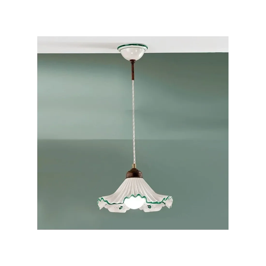 Sospensione ceramica media piattino decorato a mano smerlato diam 30cm rosone in ceramica cavo a treccia bianco