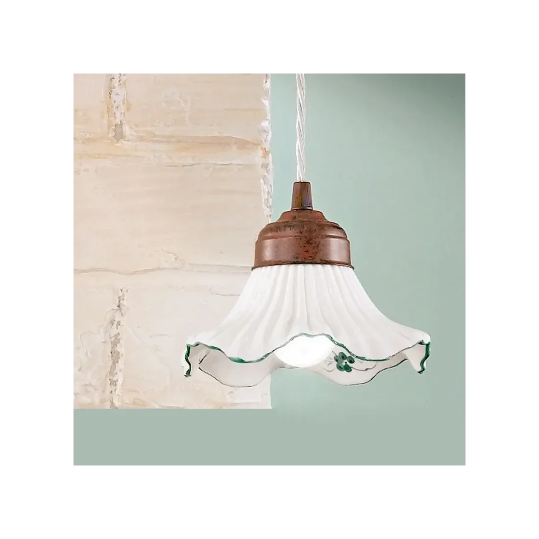 Sospensione piccola diam 15cm ceramica smerlata, decoro fatto a mano a scelta,  con cavo treccia