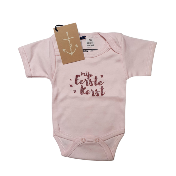 Mijn Eerste Kerst | 56 | Roze Glitters op Roze Romper