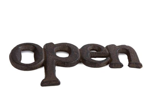 Flesopener "OPEN" antiek bruin metaal 15,4x6,8x1cm