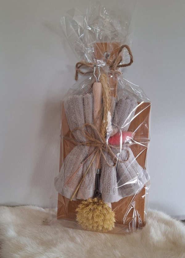 Broodplank 30x15 cm - 2 vaatdoekjes zand -  afwasborstel