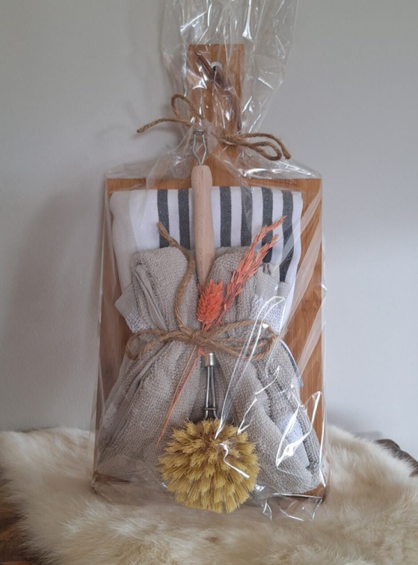 Broodplank 36x17cm - theedoek & handoek ( zand ) - afwasborstel