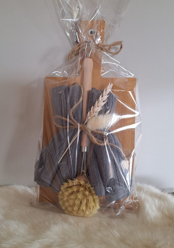 Broodplankje 30x15cm - 2 vaatdoekjes grijs - afwasborstel