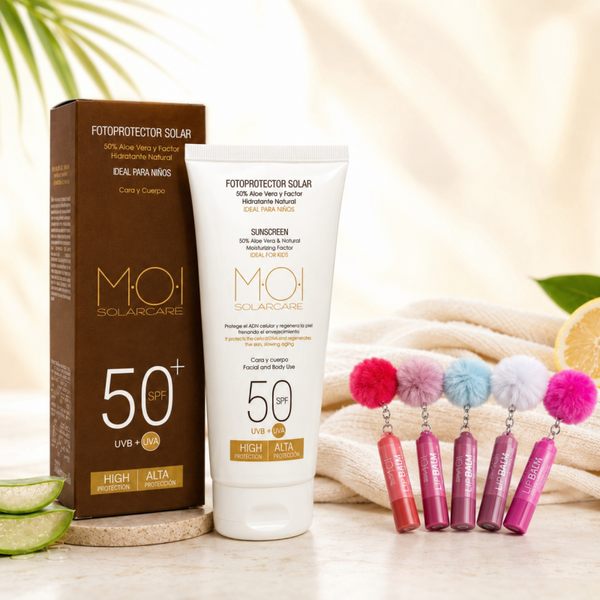 Fotoprotector Solar SPF50 UVA Alta Protección + Bálsamo Labial de Regalo