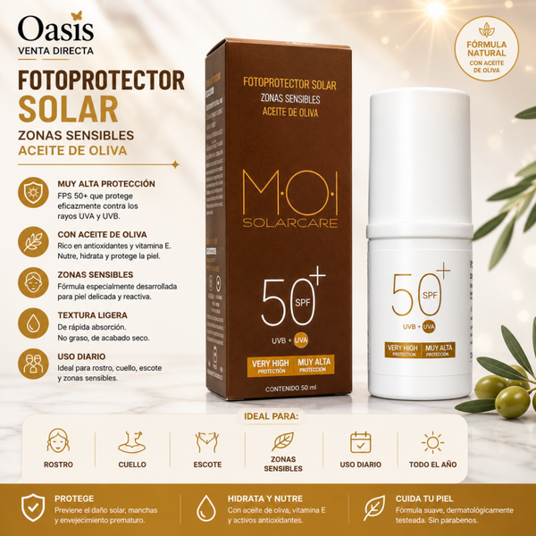 Fotoprotector MOI SPF 50+ para Zonas Sensibles con Aceite de Oliva – Muy Alta Protección