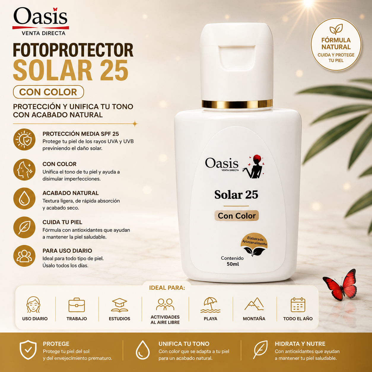 Protector Solar Oasis SPF 25 con Color – Tono Natural (50 ml)