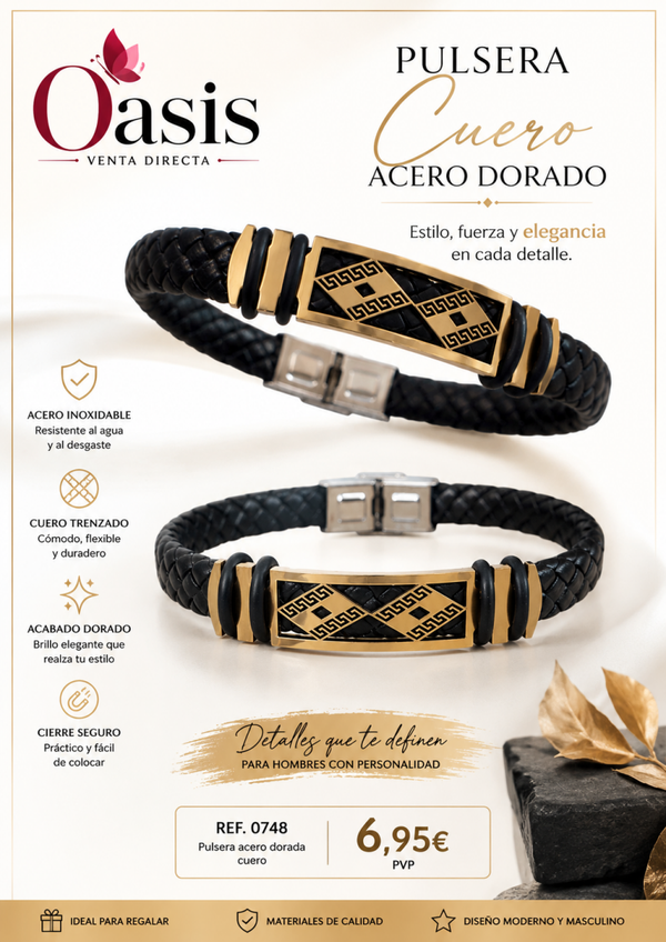 Pulsera de Cuero Trenzado con Acero Dorado