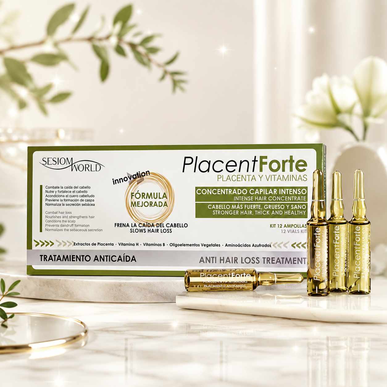 PlacentForte Tratamiento Anticaída con Placenta y Vitaminas – 12 Ampollas