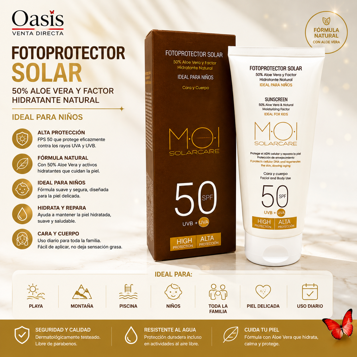 Fotoprotector Solar MOI SolarCare SPF 50 – 50% Aloe Vera (Cara y Cuerpo)