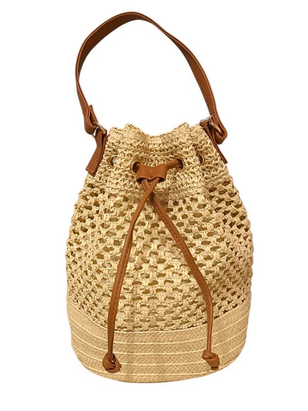 Bolso saco de rafia natural con asa camel