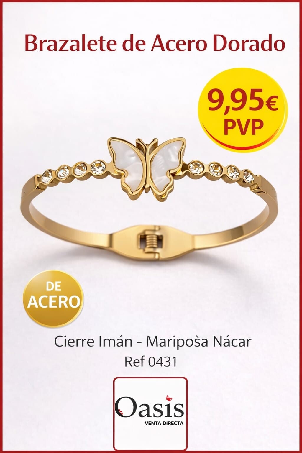 Brazalete de acero dorado con mariposa nácar