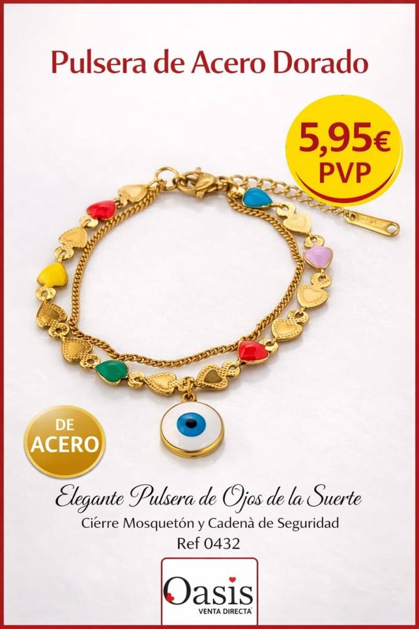 Pulsera de acero dorado con ojo de la suerte