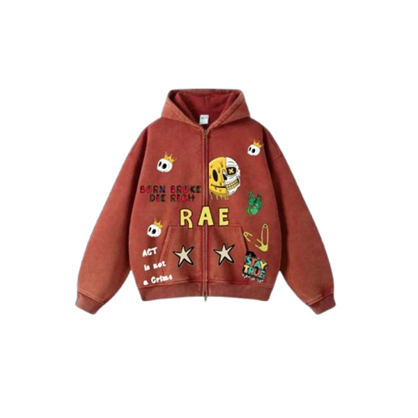 Burgundy Red Washed Zip-up Hoodie