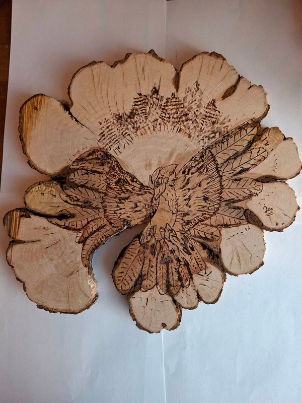 vogel op houtschijf gebrand