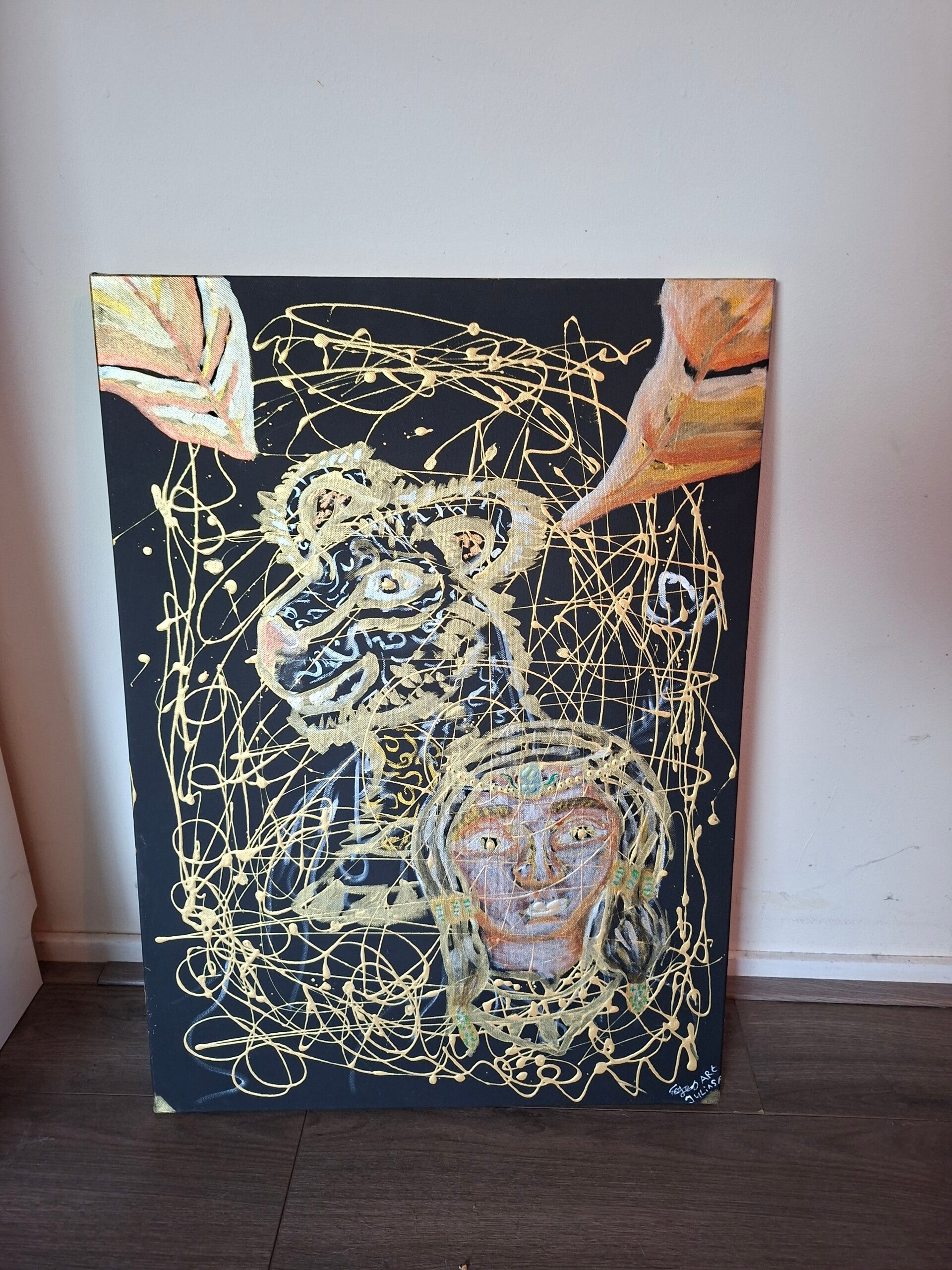 Schilderij met Gouden Accent en figuren panter