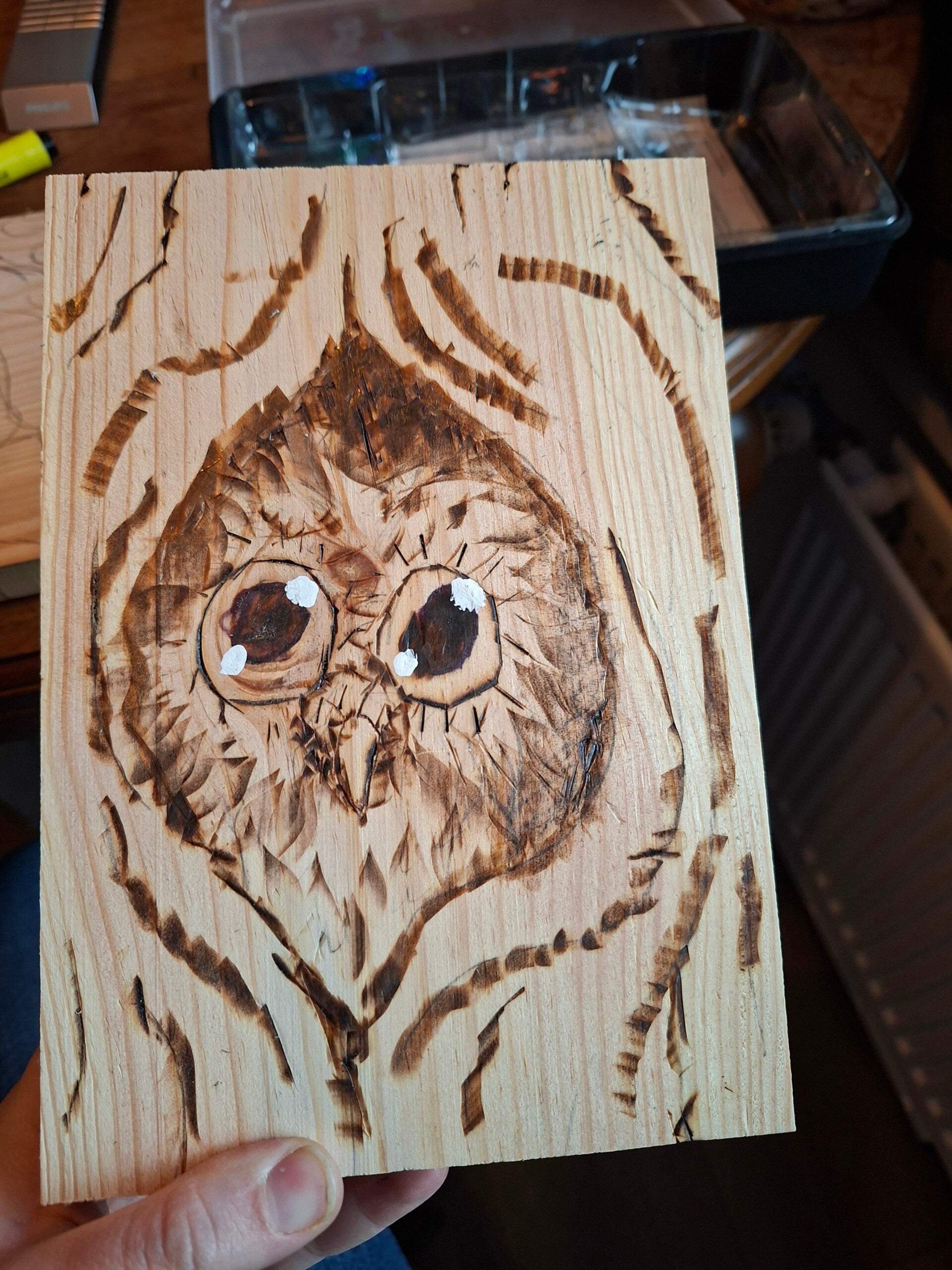 Gebrande houten plank met uil