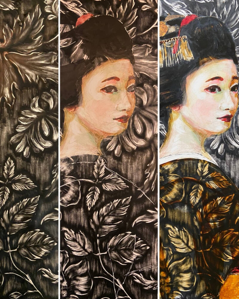 Drieluik van schilderij met geisha