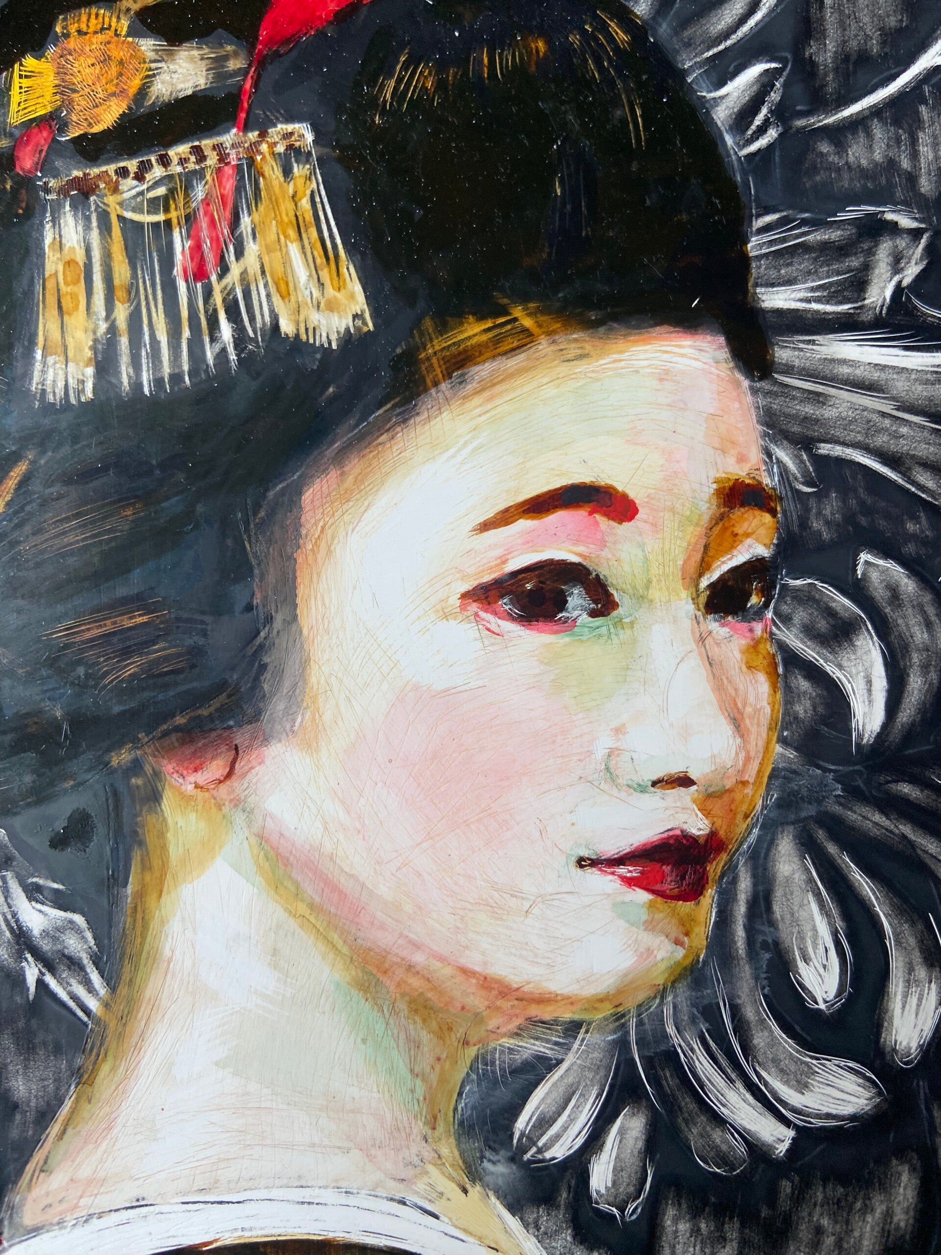 Detail van gezicht van geisha in inkt