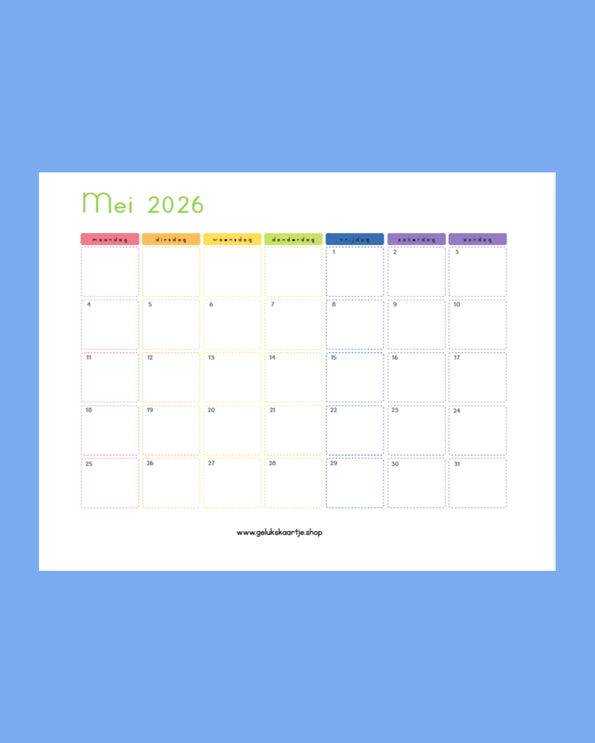 Lege Jaarkalender Schooljaar 2025 - 2026