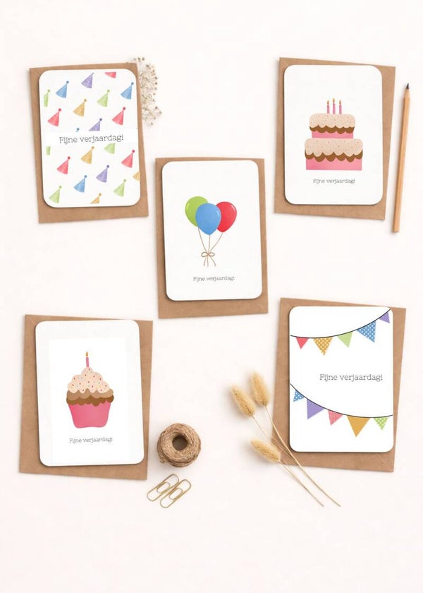 Set van 5 verjaardagskaarten – Fijne verjaardag