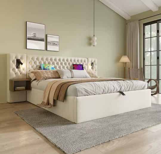 Nachtkastje Complete Set, Bekledingsbed Tweepersoonsbed 160 × 200 Cm Met 2 Nachtkastjes En 4 Laden, Hoofdeinde Leeslampje