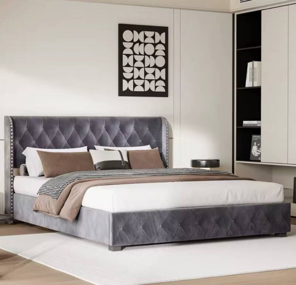 Gestoffeerd bed, tweepersoonsbed, opbergbed met hoofdeinde en lattenbodem, 140/160 x 200 cm, fluweel, zonder matras, donkergrijs