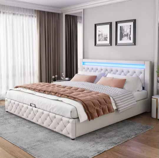 140X200 Cm/160X20 0 Cm/180X200 Cm Gestoffeerd Bed Functioneel Bed Met Lattenbodem En Opbergruimte, Wit/Zwart