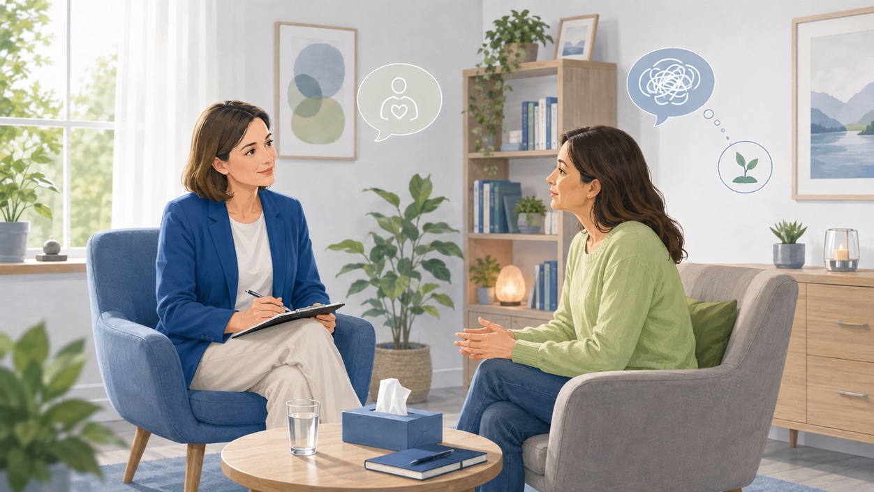 Illustration eines psychotherapeutischen Gesprächs in ruhiger Atmosphäre
