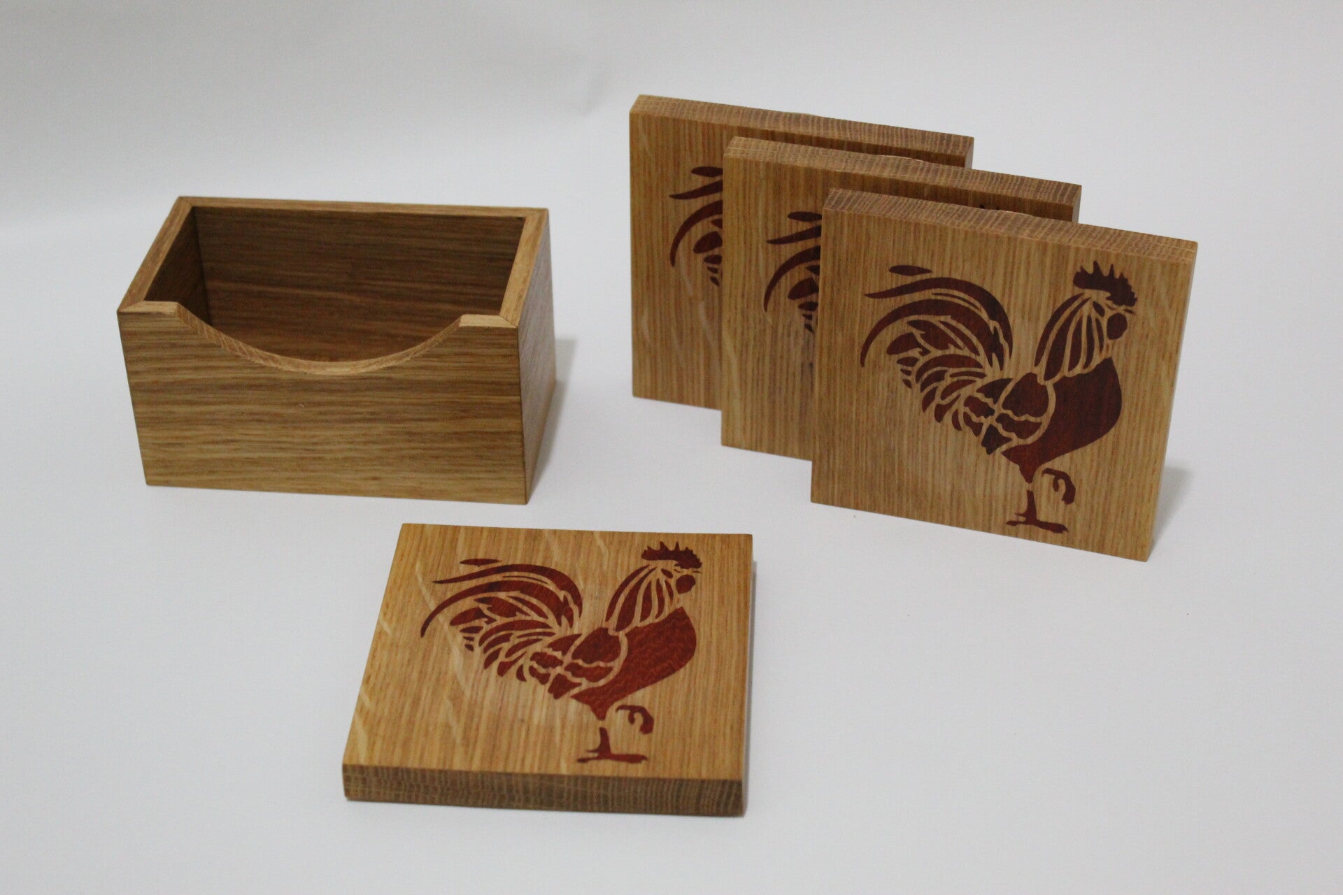 Quarter Sawn White Oak Drink Coasters with Rooster Inaly