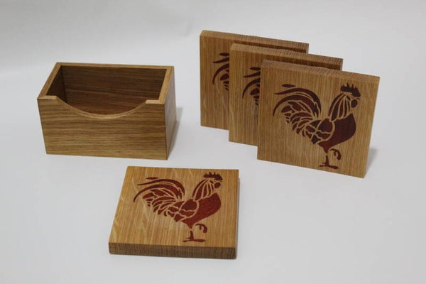 Quarter Sawn White Oak Drink Coasters with Rooster Inaly