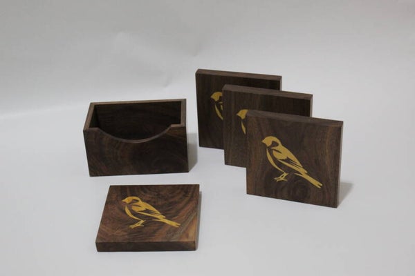 Walnut Coasters with Yellow Finch Inlay