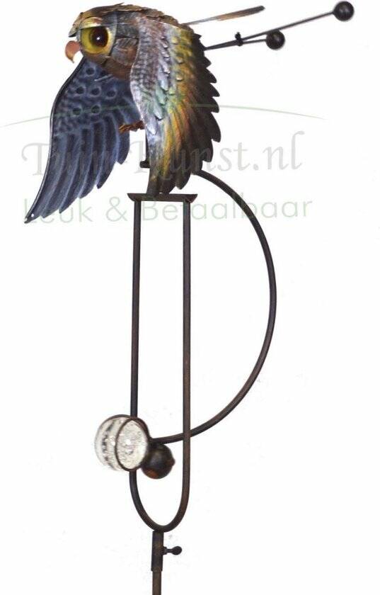 Ja-Knikker getooid met Zwarte Vliegende Uil - Tuinsteker - Tuinprikker - tuin - decoratie - kunst - bewegend - swing - tuimelaar - pendel -