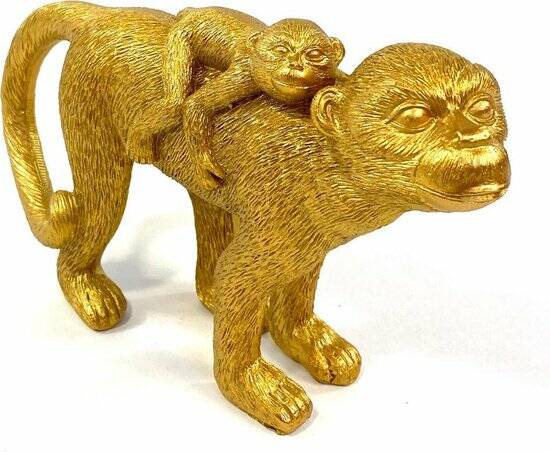 Lucy’s Living Luxe aap + baby goud - 18 x 5 x 13 cm - dieren - decoratie - interieur – woonaccessoires - apen