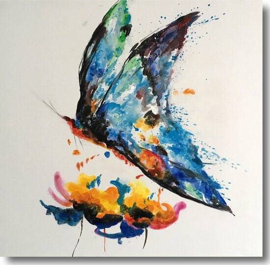 Schilderij gekleurde vlinder 75 x 75 Artello - Handgeschilderd - schilderij canvas - woonkamer schilderij - slaapkamer schilderij - schilderij - painting - kunst - schilderij dieren