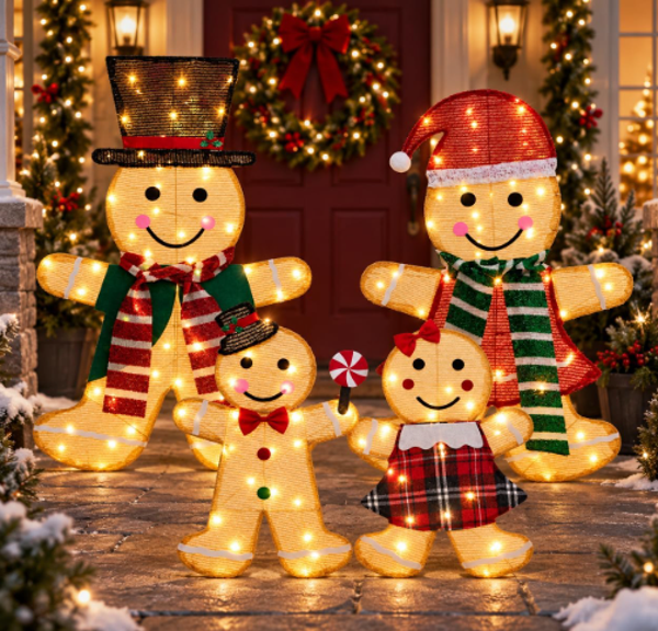 BRIGHTDECK 4-Piece 2D Gingerbread Outdoor Christmas Decorations, 8 Modes