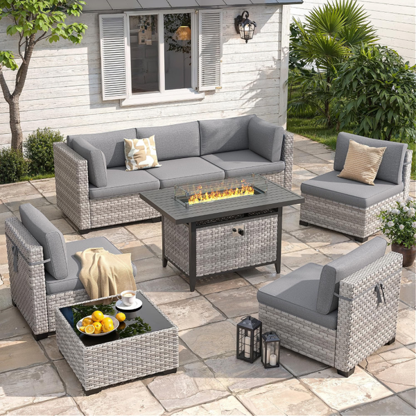 6-SEAT MODERN OUTDOOR WICKER RATTAN SET WITH FIRE PIT