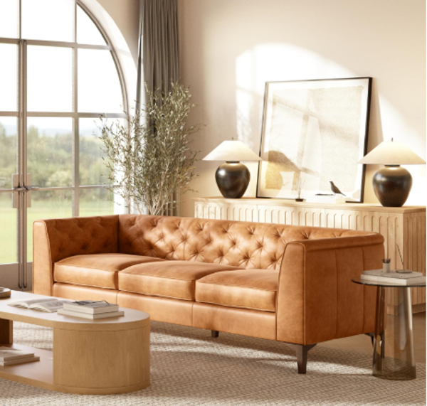 POLY & BARK Essex 89” Full-Grain Italian Leather Sofa – Tufted Back, Feather-Down Comfort, Solid Wood Frame, Cognac Tan