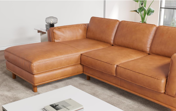 Valencia Artisan Full Leather Sofa - Pure Full Italian Nappa Leather Couch, Solid Wood Accent, Ultimate Comfort (Cognac, Left Chaise Sectional)
