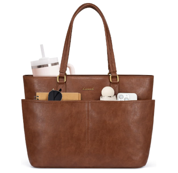 LOVEVOOK Work Tote Bags for Women, Vintage Leather 15.6 Inch Laptop Bag with Large Cup Holder, Teacher Nurse Medical Professional Computer Bag, Office Briefcase Handbag Gift