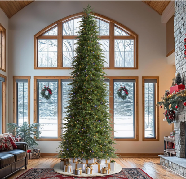 Glitzhome 15ft Prelit Christmas Tree, Hinged Slim Artificial Christmas Tree, Radiant Evergreen Fir with 1500 Warm White/Multi-Color LED Lights,9 Function,w/Remote Control,Easy Assembly
