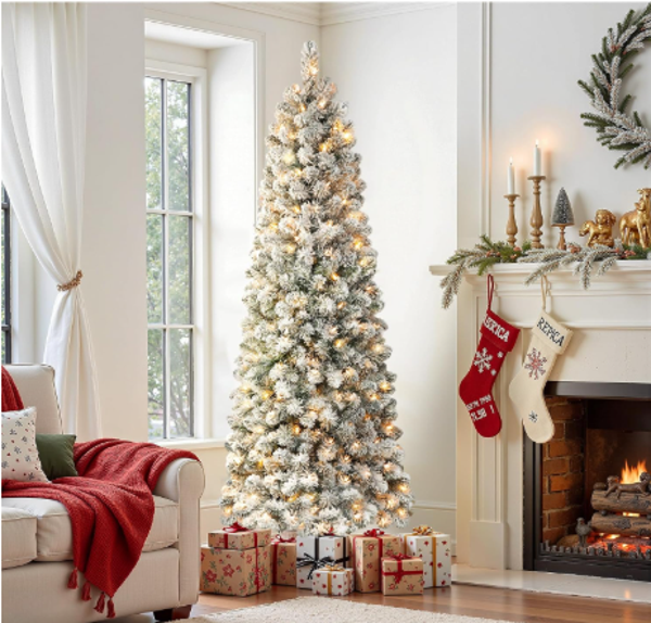 SHareconn 7ft Prelit Snow Flocked Artificial Slim Pencil Christmas Tree