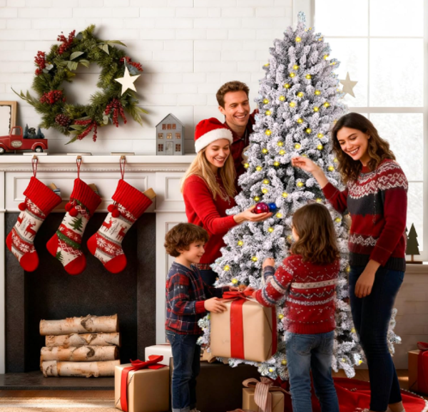 7.5 ft Flocked Christmas Tree Prelit with Premium Stand & Storage Bag