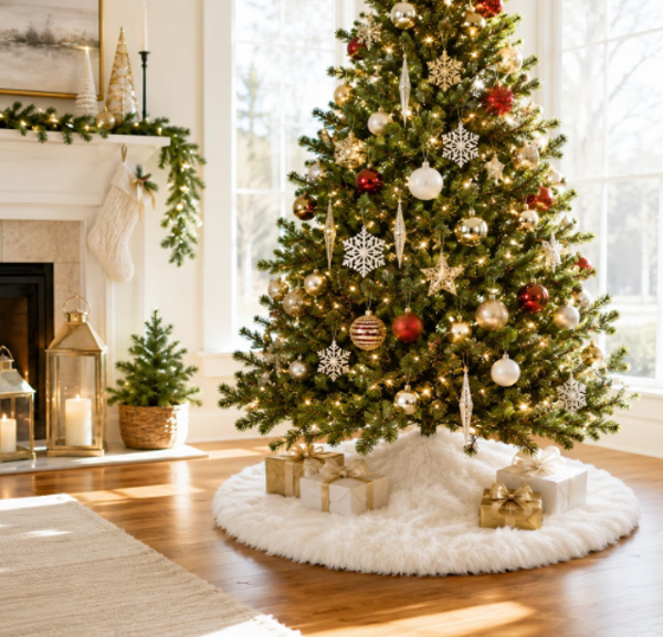 Christmas Tree Skirt, 48 Inch White Soft Faux Fur Tree Skirts Plush