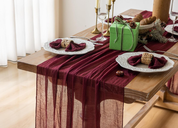 Fall Christmas Decorations Burgundy Cheesecloth Table Runner 120 Inches