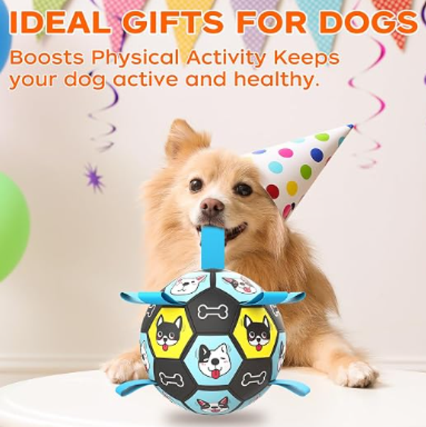 Dog Toy Soccer Ball with Straps, Herding Ball for Dogs, Outdoor Interactive Dog Toy, Dog Fetch Toy, Ideal for Medium & Large Dogs, Great Puppy Birthday (6 Inch)