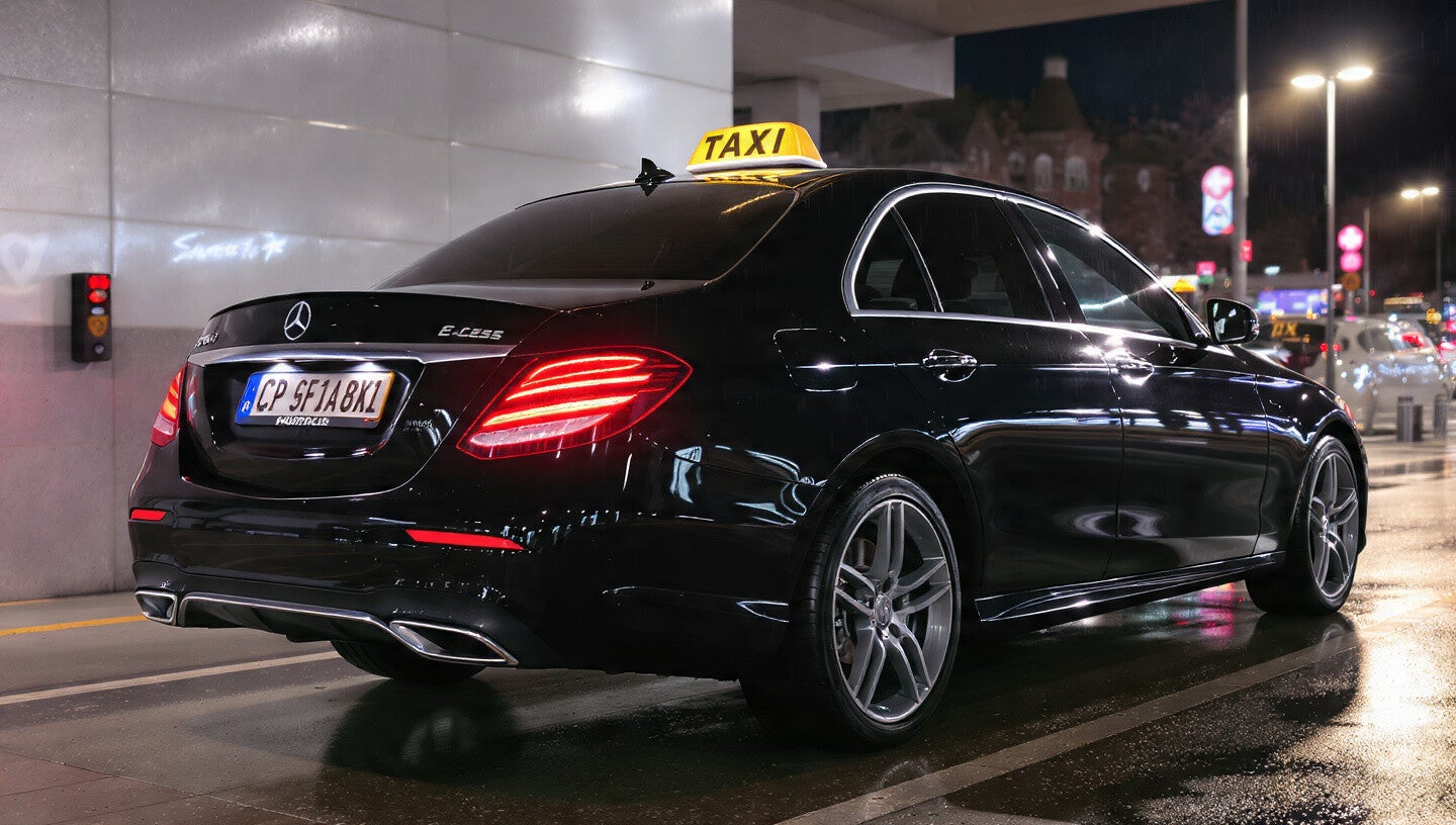 Mercedes e class taxi nyon gare with sign light on at night infront train station nyon gare