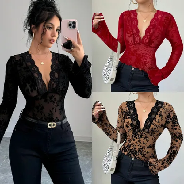 Top dentelle décolleté en v noir M