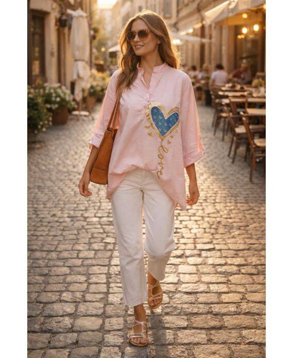 Chemise longue coeur rose taille unique