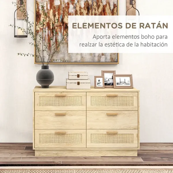 COMODA MADERA MODELO RATAN 6 CAJONES