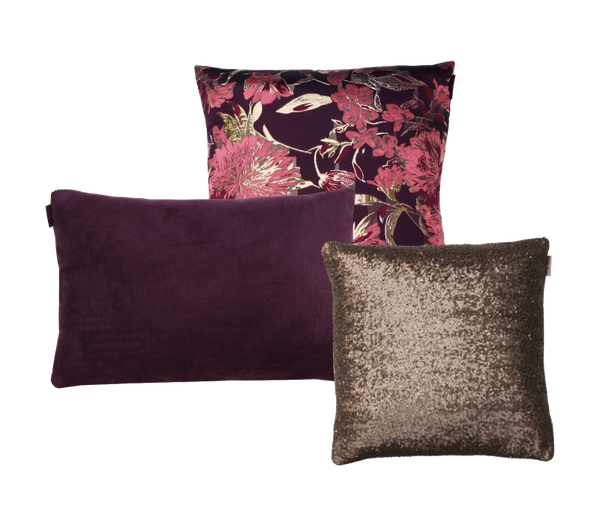 Kussen flower aubergine goud set 3